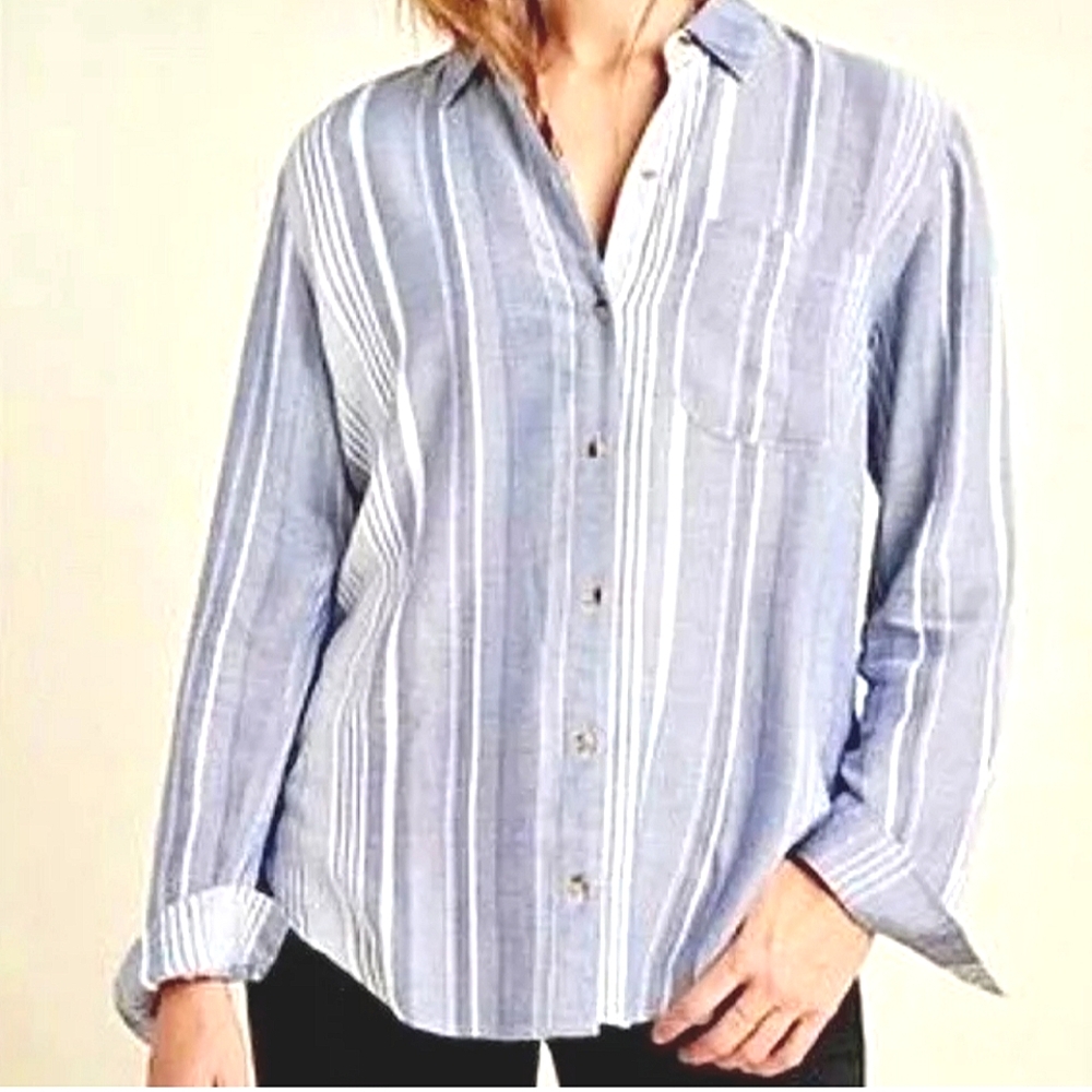 Anthropologie S Maeve Chambray Button Down Long Sleeve Striped Top Blue + White